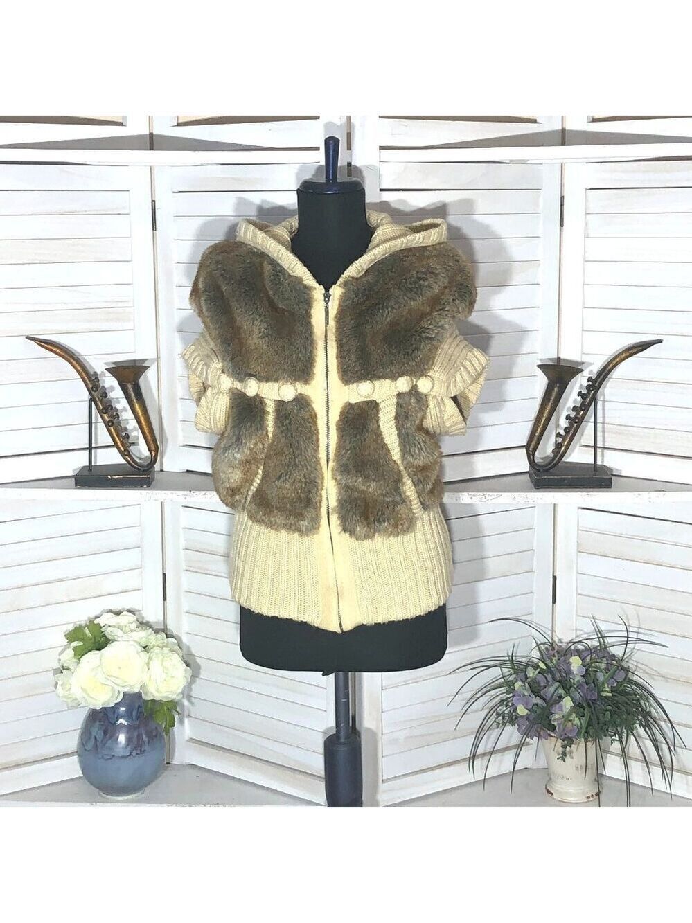 Vintage Faux Fur vest cable knit warm hooded ski resort travel cottage 70's boho